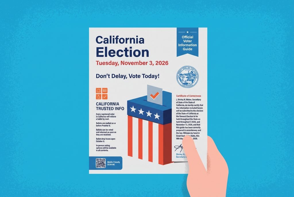 Illustrated hand holding a California election voter guide for Tuesday, November 3, 2026, featuring a red, white, and blue ballot box