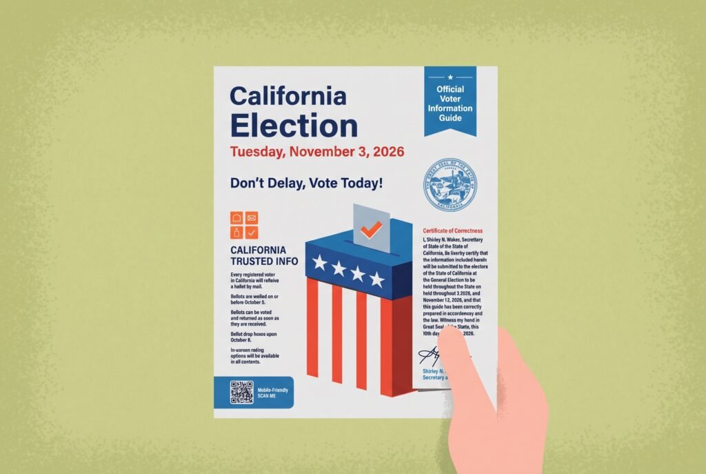 Illustrated hand holding a California voter guide for the November 3, 2026 election, with a red, white and blue ballot box and a checked ballot
